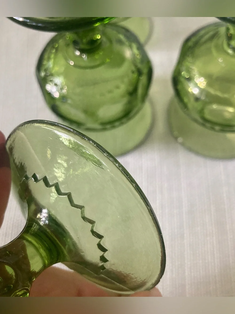 Set of 4 Vintage Indiana Glass King's Crown Green Thumbprint Design Goblets!